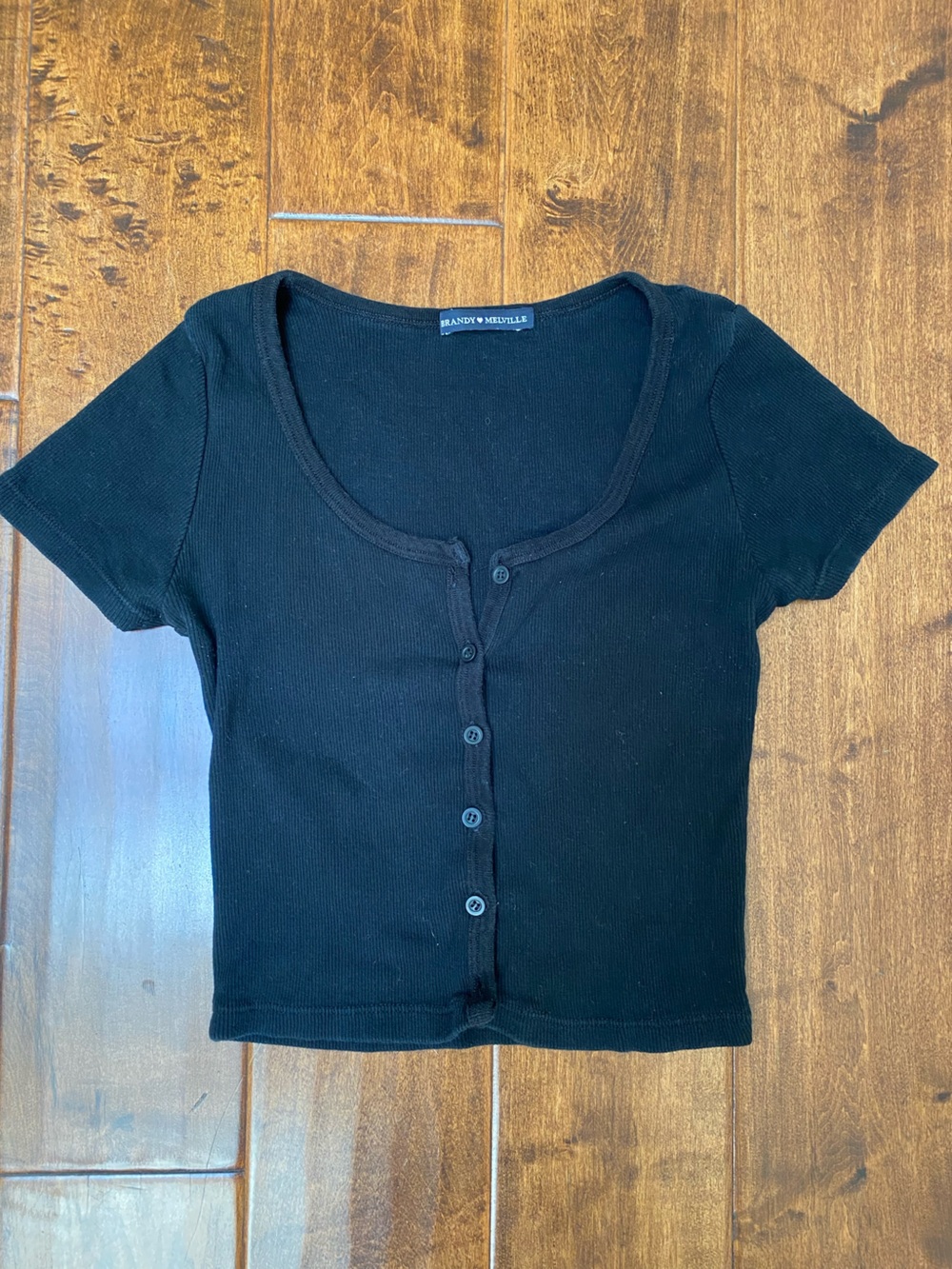 Brandy Melville Black Ribbed Short-Sleeve Button Top